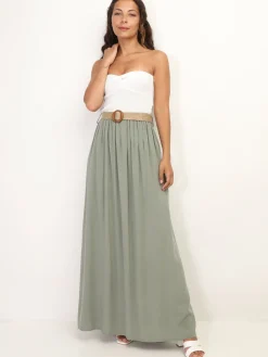 Discount La Modeuse Jupe longue évasée avec ceinture Kakiclair