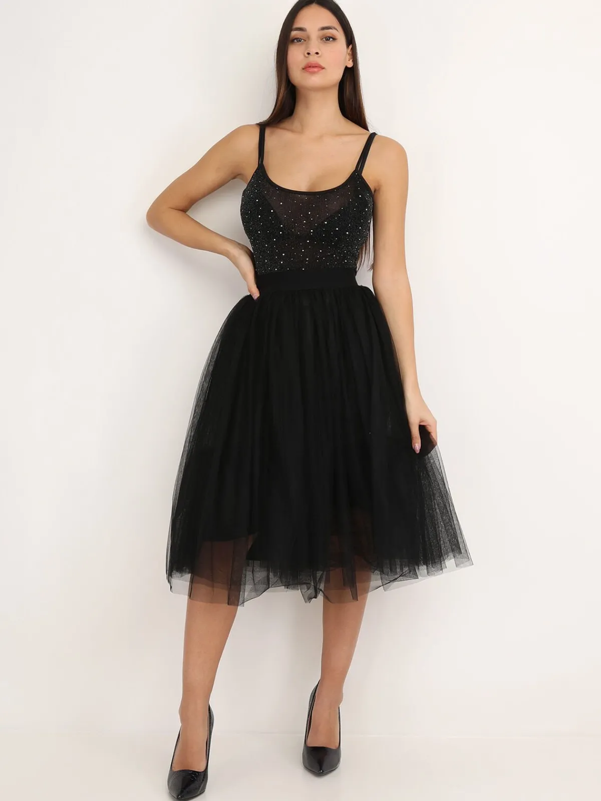 Discount La Modeuse Jupe midi en tulle Noir
