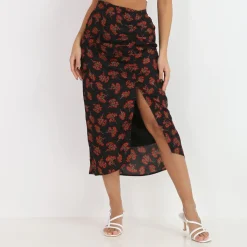 Best La Modeuse Jupe mi-longue à imprimé fleurs Noir