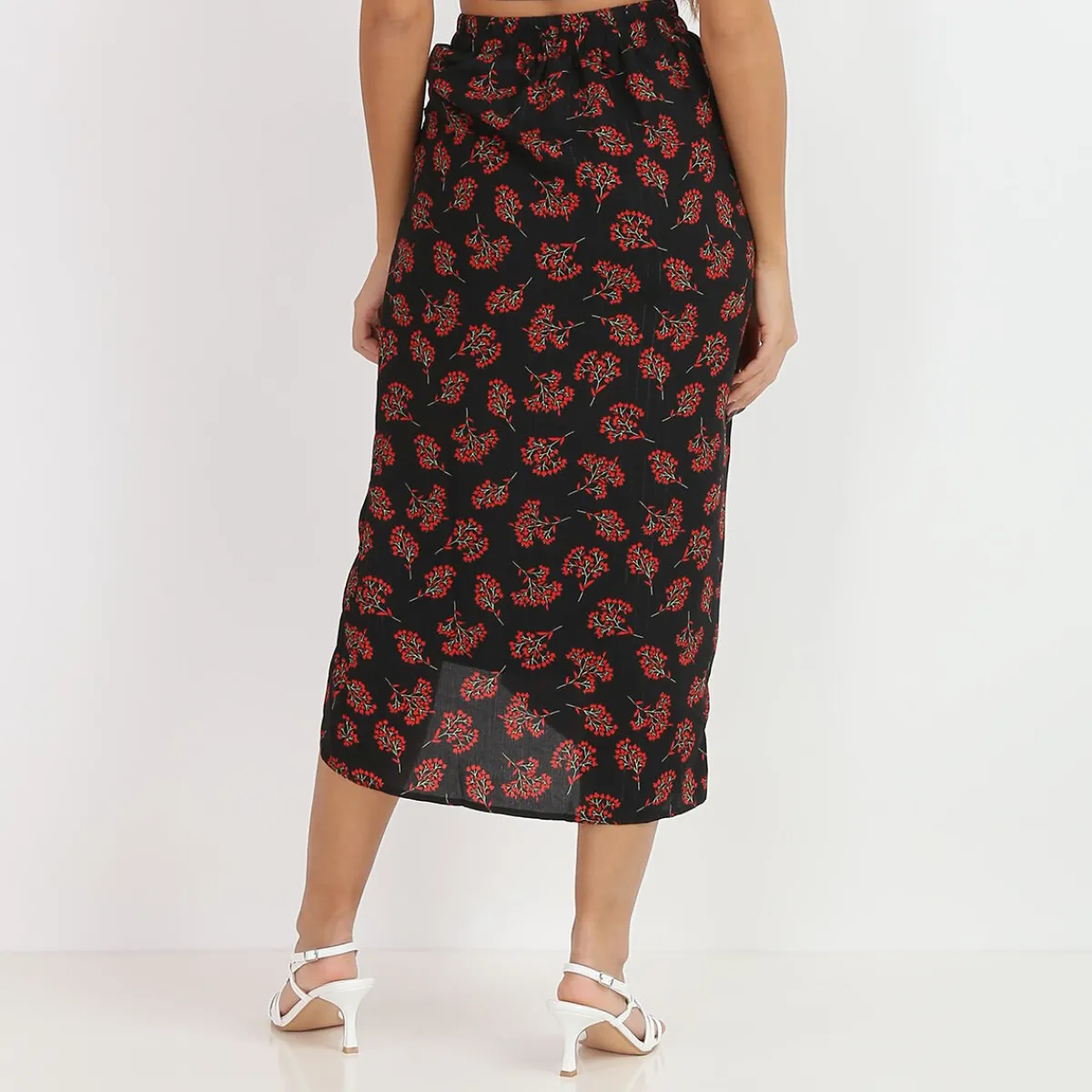 Best La Modeuse Jupe mi-longue à imprimé fleurs Noir