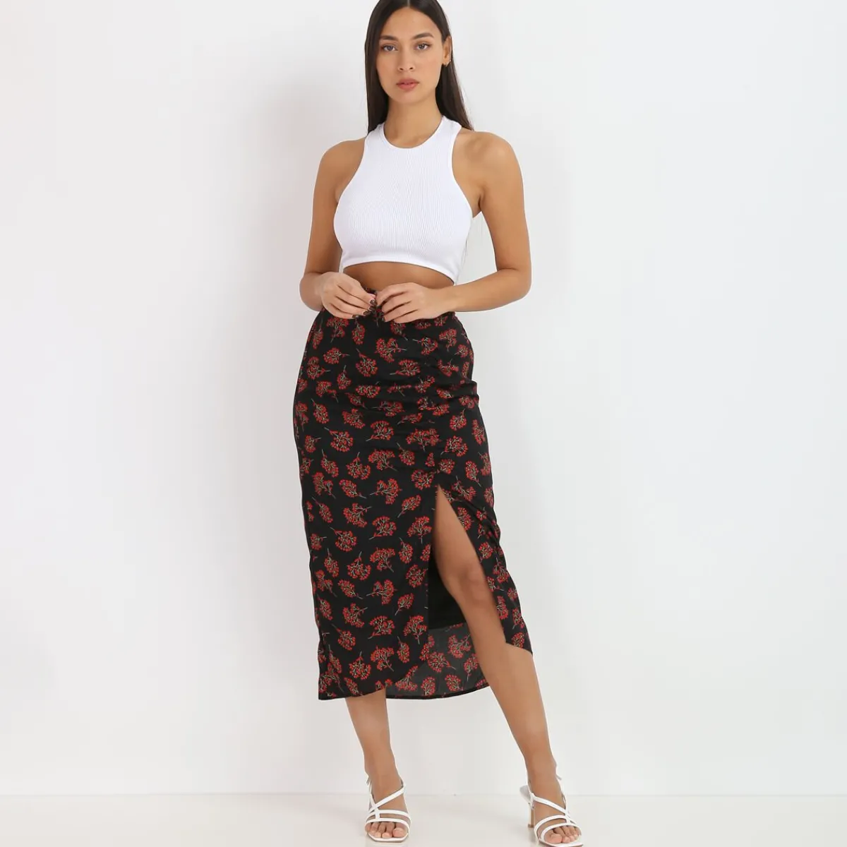 Best La Modeuse Jupe mi-longue à imprimé fleurs Noir