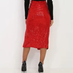 Hot La Modeuse Jupe mi-longue à sequins et fente Rouge