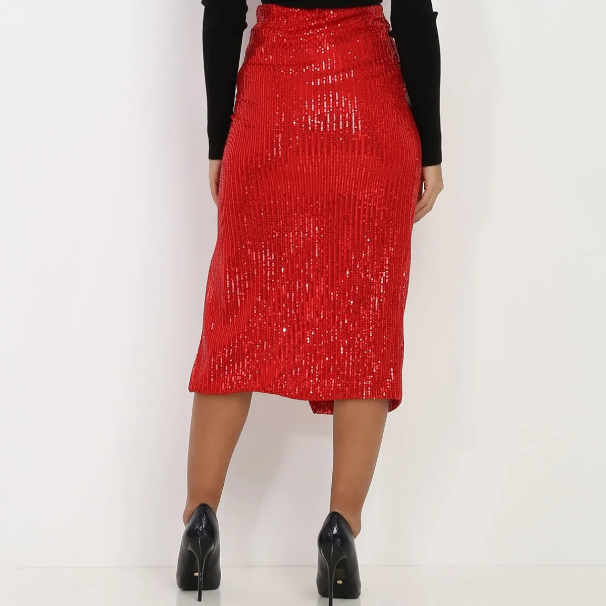 Hot La Modeuse Jupe mi-longue à sequins et fente Rouge