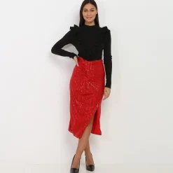Hot La Modeuse Jupe mi-longue à sequins et fente Rouge