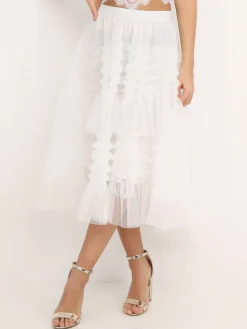 La Modeuse Jupe mi-longue en tulle à volants Blanc