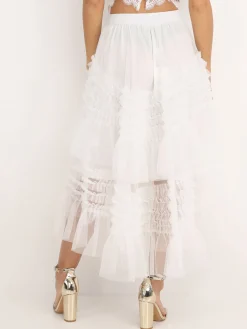 La Modeuse Jupe mi-longue en tulle à volants Blanc