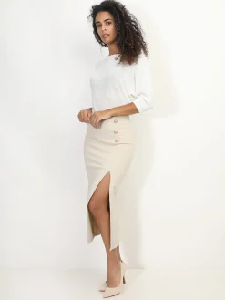 Outlet La Modeuse Jupe mi-longue fendue à boutons Beige