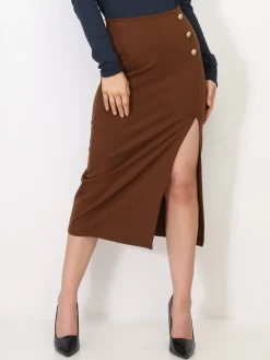 Clearance La Modeuse Jupe mi-longue fendue à boutons Marron