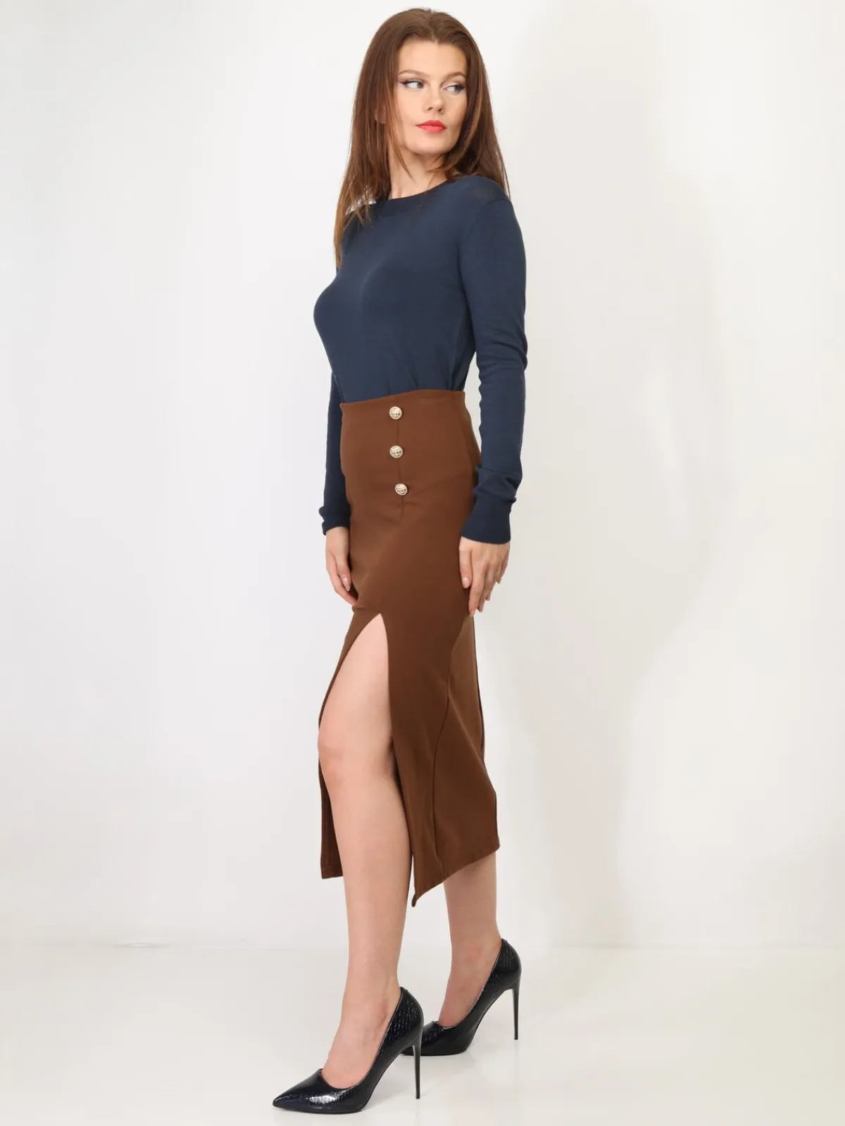 Clearance La Modeuse Jupe mi-longue fendue à boutons Marron