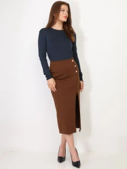 Clearance La Modeuse Jupe mi-longue fendue à boutons Marron