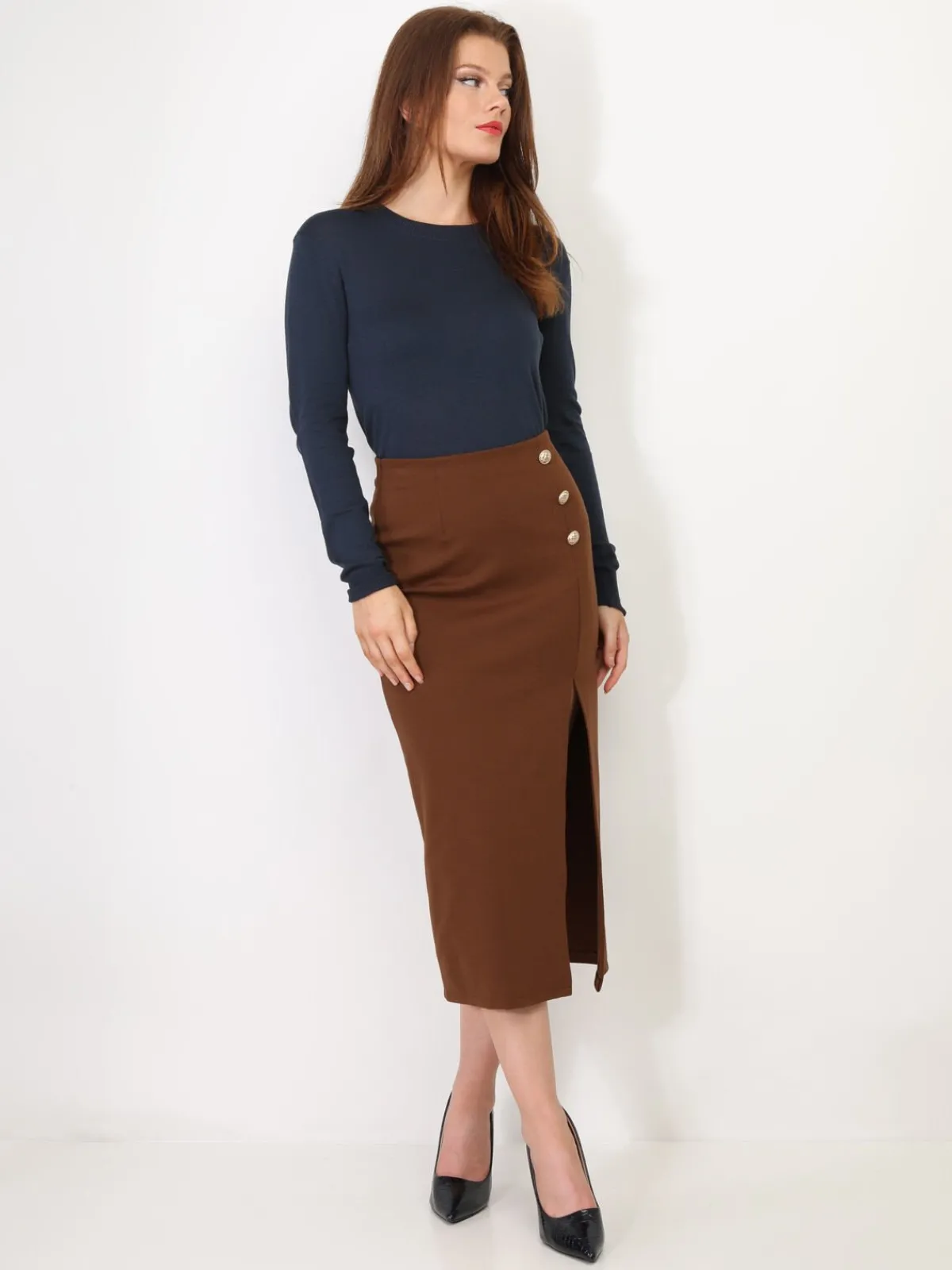 Clearance La Modeuse Jupe mi-longue fendue à boutons Marron