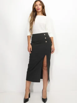 La Modeuse Jupe mi-longue fendue à boutons grisfoncé
