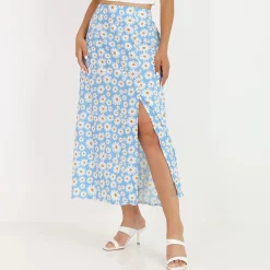Hot La Modeuse Jupe mi-longue fendue à fleurs BleuClair
