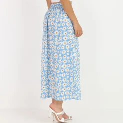 Hot La Modeuse Jupe mi-longue fendue à fleurs BleuClair