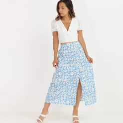 Hot La Modeuse Jupe mi-longue fendue à fleurs BleuClair
