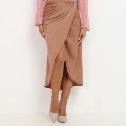 Best La Modeuse Jupe mi-longue portefeuille satinée Camel