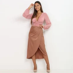 Best La Modeuse Jupe mi-longue portefeuille satinée Camel