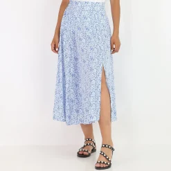 Online La Modeuse Jupe patineuse à fleurs avec fente BleuClair
