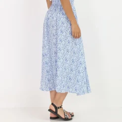 Online La Modeuse Jupe patineuse à fleurs avec fente BleuClair