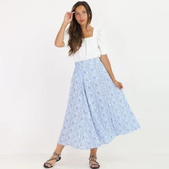 Online La Modeuse Jupe patineuse à fleurs avec fente BleuClair