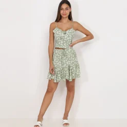 Clearance La Modeuse Jupe patineuse à volants et fleurs Vert