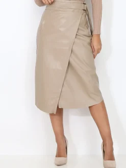 Online La Modeuse Jupe portefeuille ceinturée en simili Taupe
