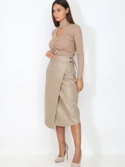 Online La Modeuse Jupe portefeuille ceinturée en simili Taupe