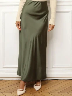 Discount La Modeuse Jupe satinée longue et droite Kaki