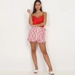 Sale La Modeuse Jupe short à volants avec motif feuilles Rouge