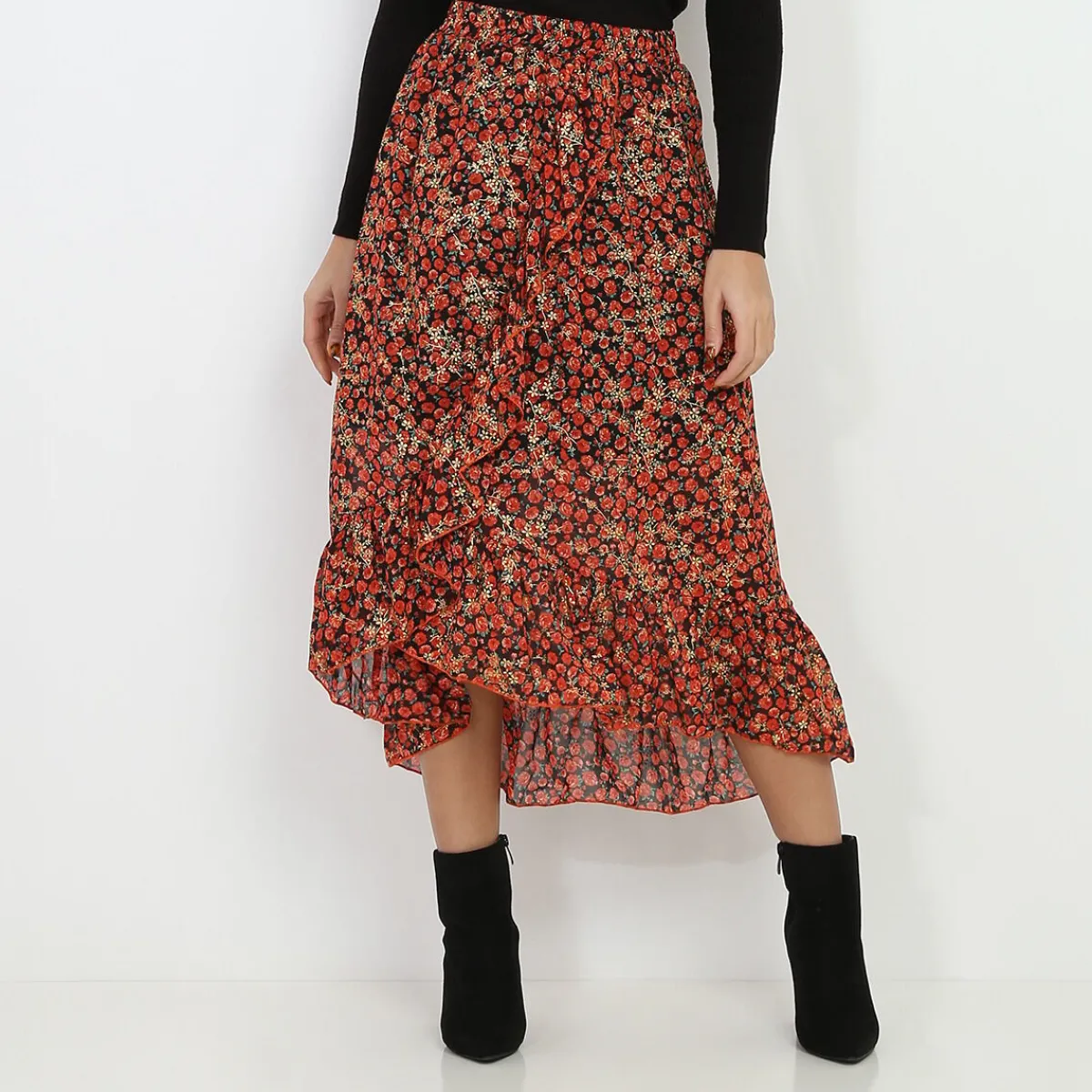 Online La Modeuse Jupe style portefeuille à fleurs Noir