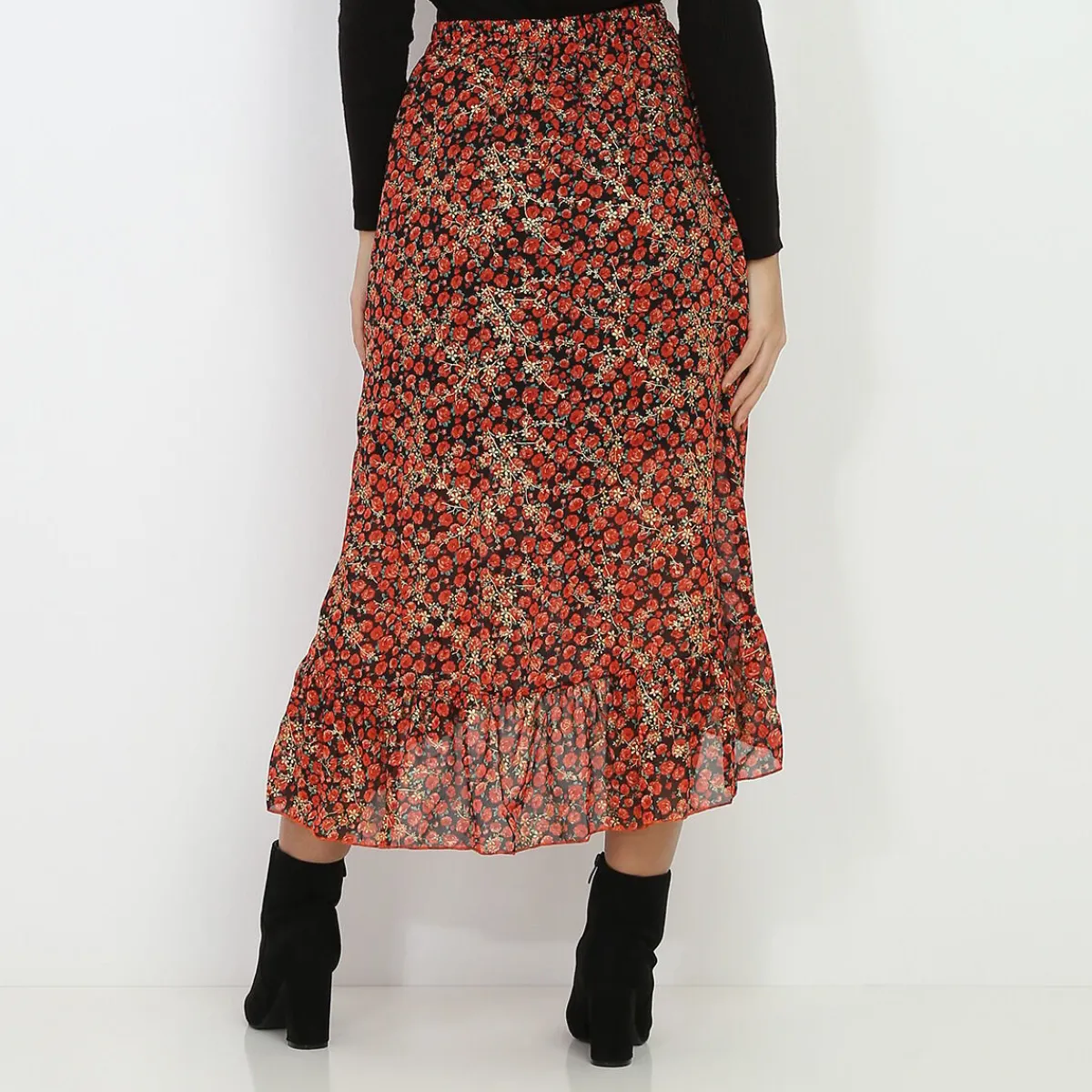 Online La Modeuse Jupe style portefeuille à fleurs Noir