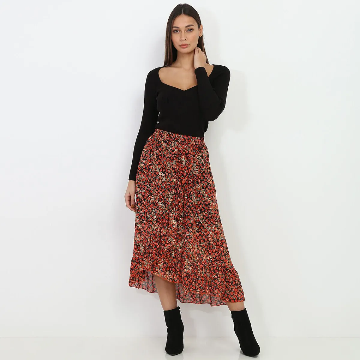 Online La Modeuse Jupe style portefeuille à fleurs Noir
