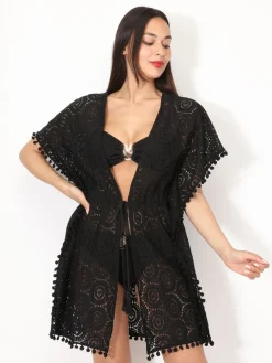 Sale La Modeuse Kimono en dentelle à nouer Noir