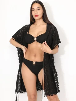 Sale La Modeuse Kimono en dentelle à nouer Noir
