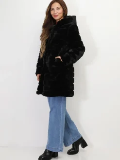 New La Modeuse Manteau long à fausse fourrure Noir