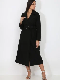 Outlet La Modeuse Manteau mi-long croisé et ceinturé Noir