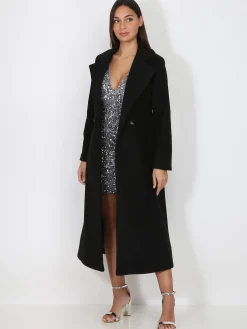 Outlet La Modeuse Manteau mi-long croisé et ceinturé Noir