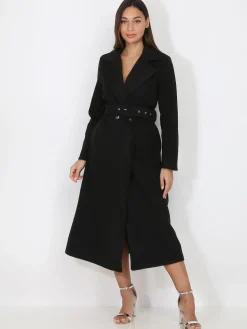 Outlet La Modeuse Manteau mi-long croisé et ceinturé Noir