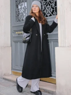 Outlet La Modeuse Manteau mi-long croisé et ceinturé Noir