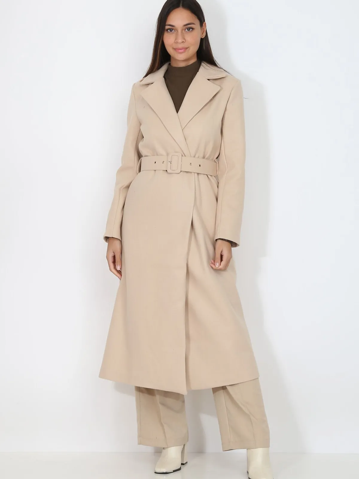 Discount La Modeuse Manteau mi-long croisé et ceinturé Beige