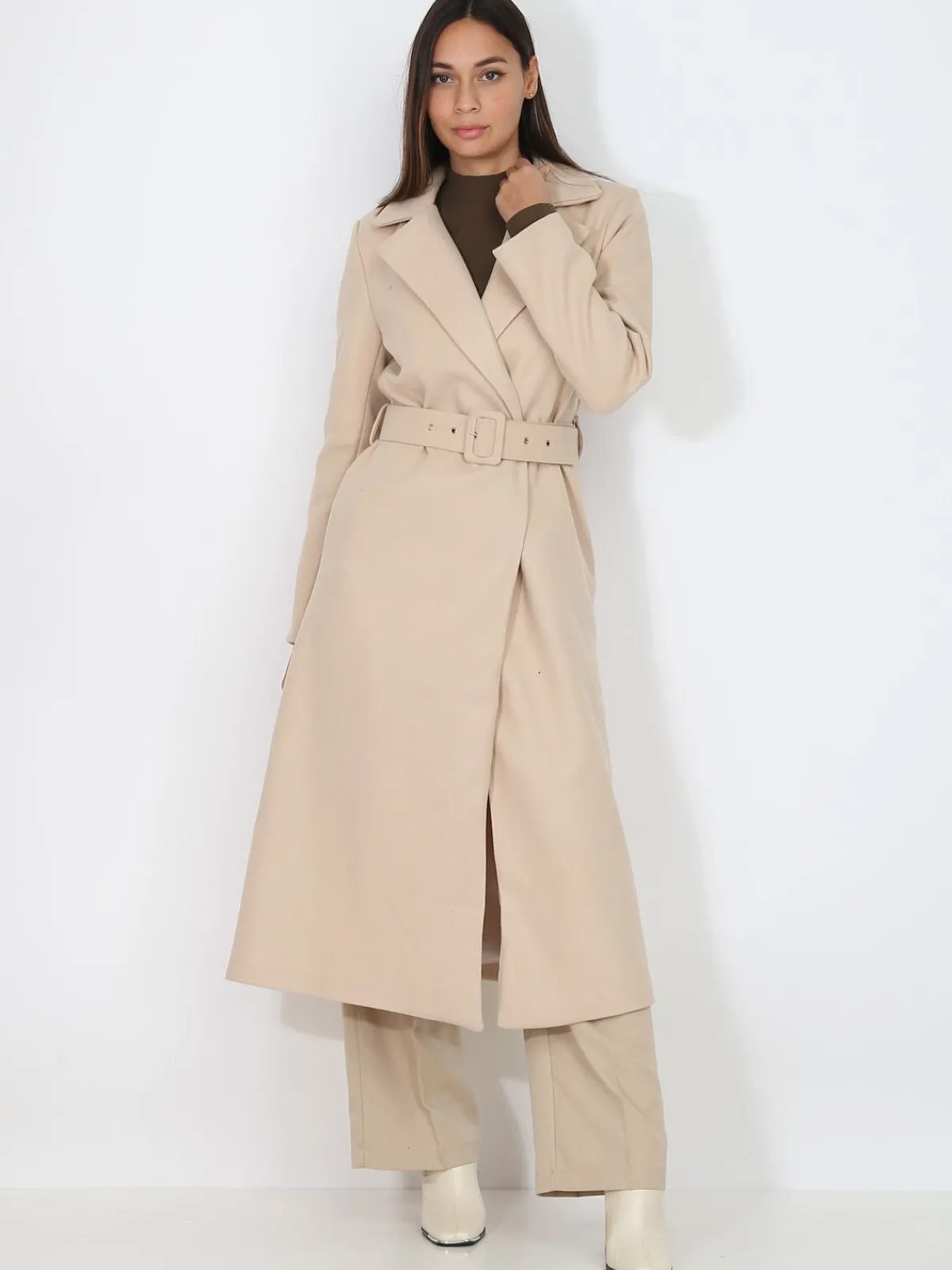 Discount La Modeuse Manteau mi-long croisé et ceinturé Beige