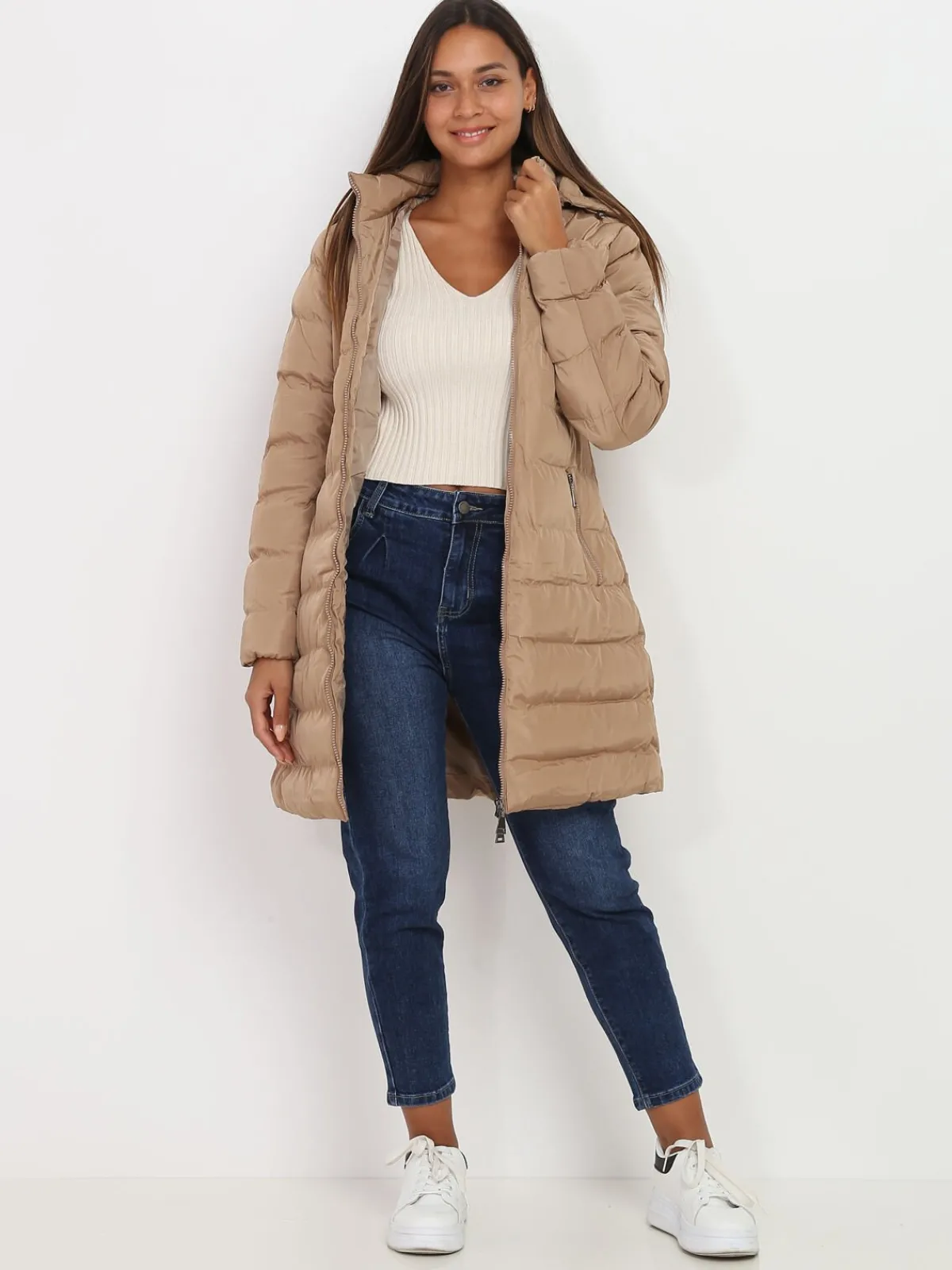 Best La Modeuse Manteau mi-long matelassé à capuche Taupe