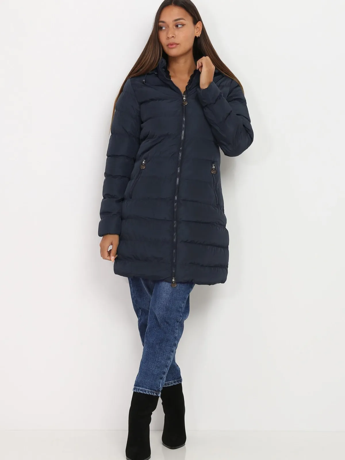 Online La Modeuse Manteau mi-long matelassé à capuche BleuMarine