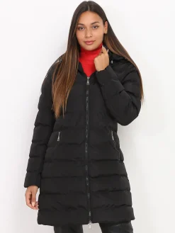 Outlet La Modeuse Manteau mi-long matelassé à capuche Noir
