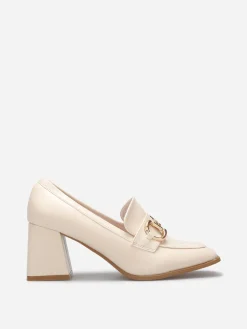 New La Modeuse Mocassins à talon avec bout carré et mors doré Beige