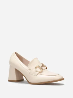 New La Modeuse Mocassins à talon avec bout carré et mors doré Beige