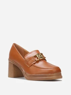 New La Modeuse Mocassins à talon et boucle dorée Camel