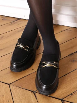 Outlet La Modeuse Mocassins bi-matières à boucle métallique Noir