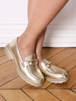 Clearance La Modeuse Mocassins bi-matières à boucle métallique Doré