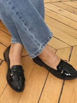 New La Modeuse Mocassins slippers vernis à frange et noeud Noir
